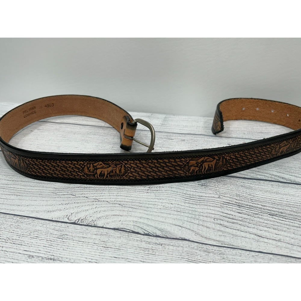 Vintage Tooled Full-Grain Cowhide 4503 Brown‎ Deer Leather Western Belt 45" - Picture 6 of 7